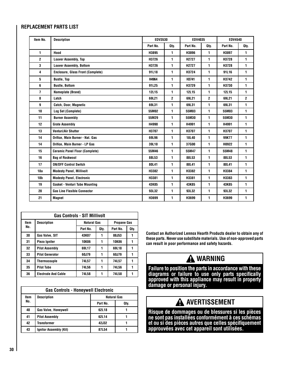 Warning, Avertissement, Replacement parts list | Gas controls - sit millivolt, Gas controls - honeywell electronic | Lennox Hearth ELITE EDV3530CNM-B User Manual | Page 30 / 32