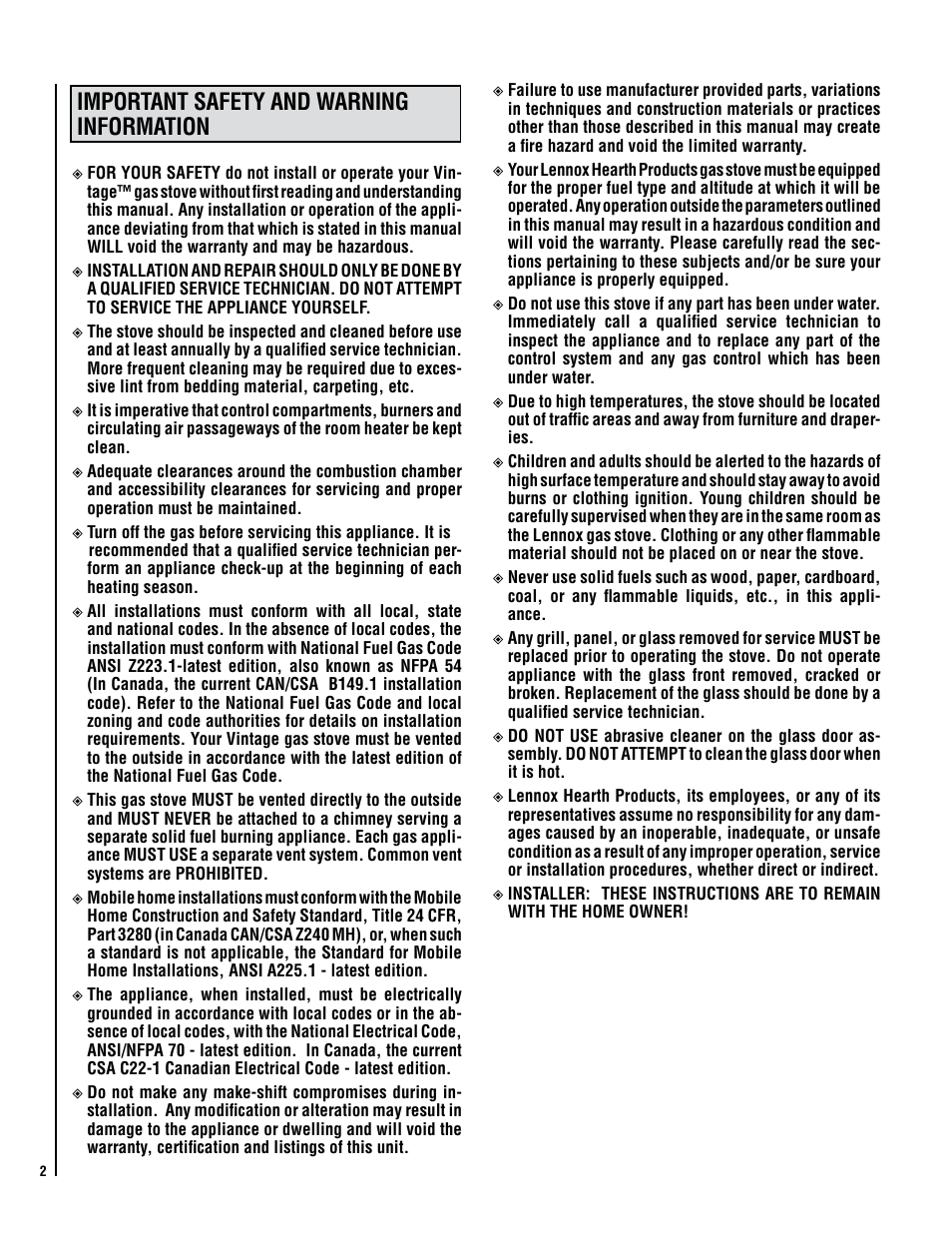 Important safety and warning information | Lennox Hearth VIN User Manual | Page 2 / 28