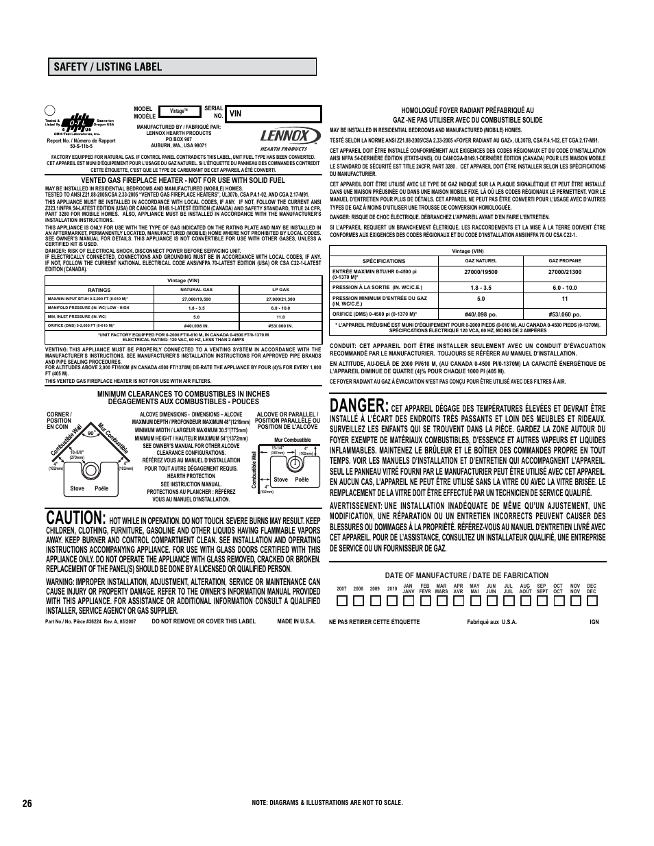 Caution, Danger, Safety / listing label | Lennox Hearth VIN User Manual | Page 26 / 28
