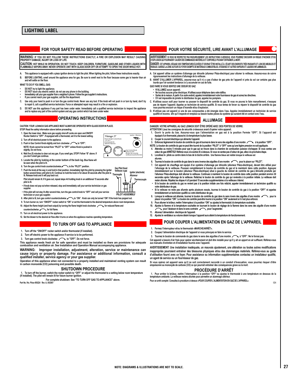 Lighting label, For your safety read before operating, Shutdown procedure operating instructions | Pour couper l’alimentation en gaz de l’appareil, Procédure d’arrêt allumage | Lennox Hearth VIN User Manual | Page 27 / 28