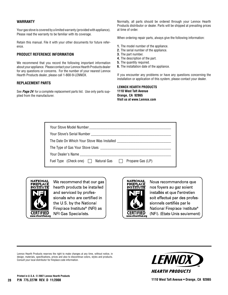 Lennox Hearth VIN User Manual | Page 28 / 28