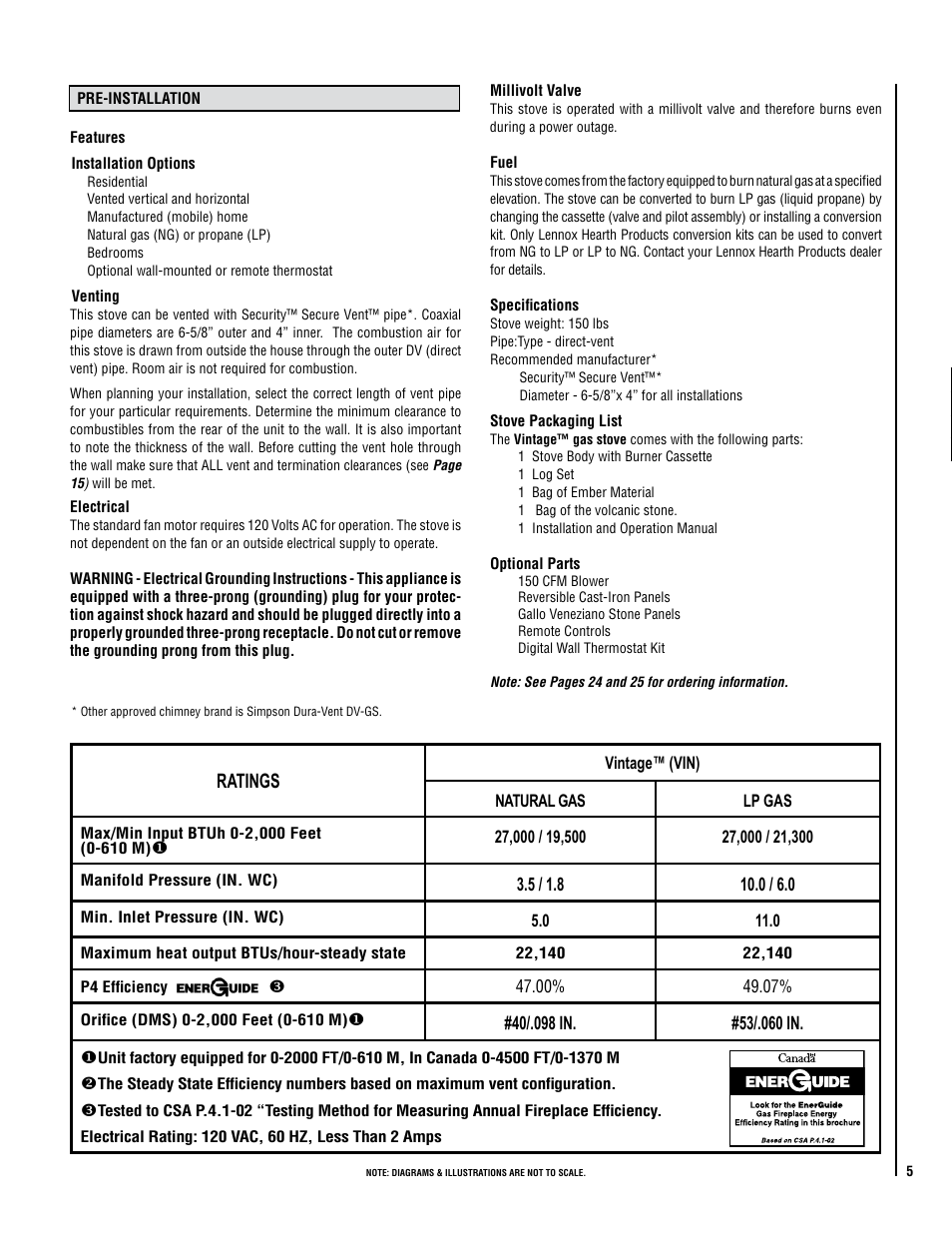 Ratings | Lennox Hearth VIN User Manual | Page 5 / 28