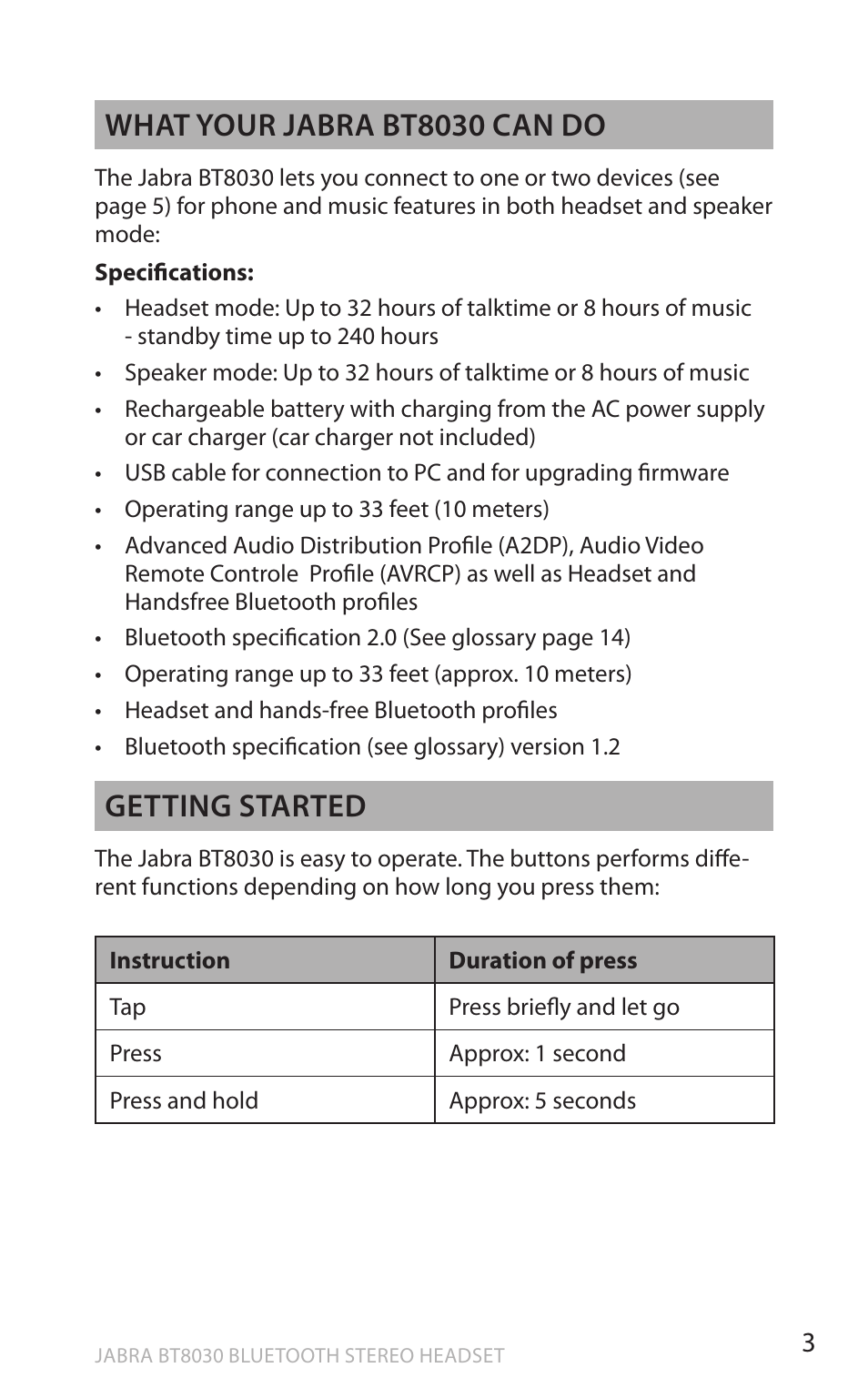 En g li sh, What your jabra bt8030 can do, Getting started | Lennox Hearth BT8030 User Manual | Page 3 / 14