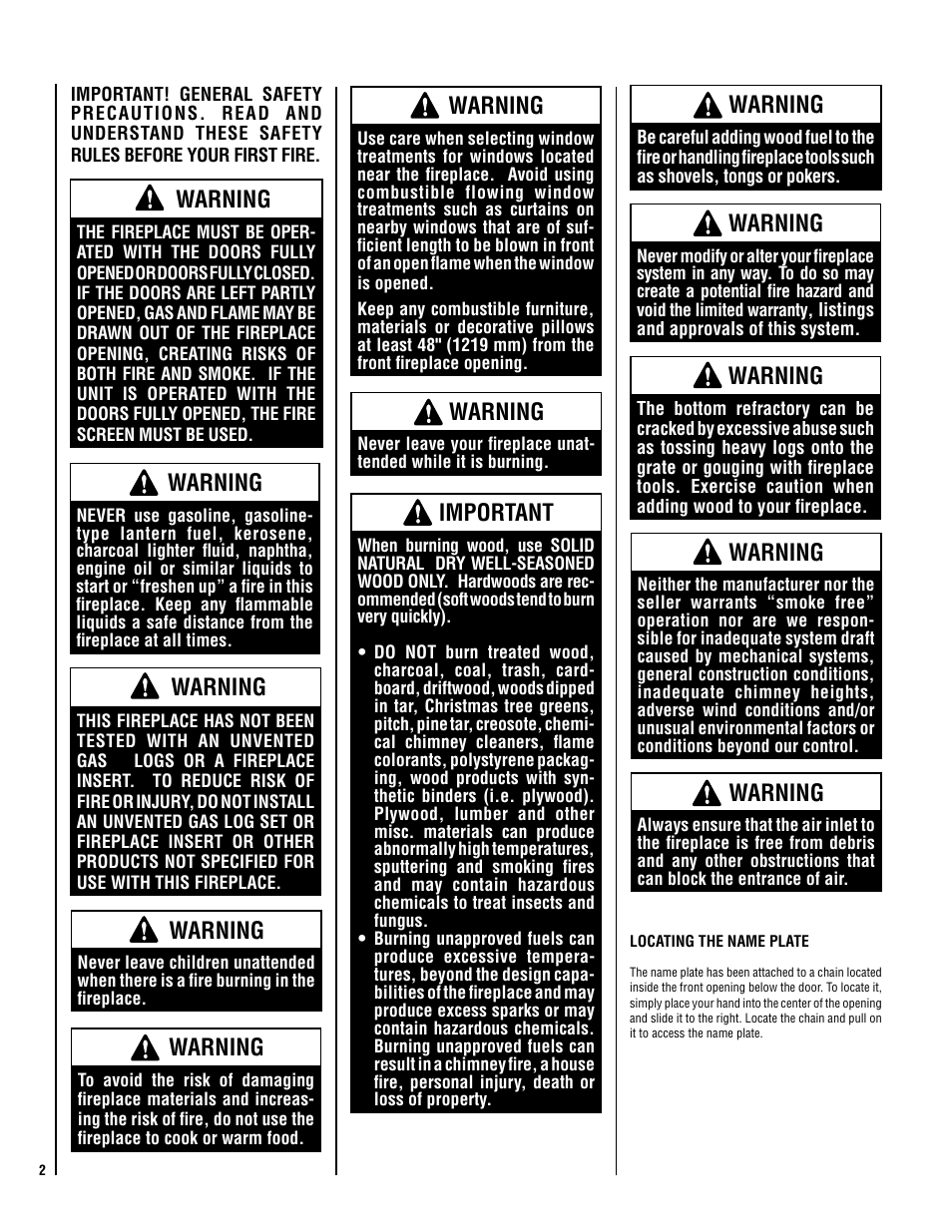 Warning, Important | Lennox Hearth Ladera-BN User Manual | Page 2 / 26