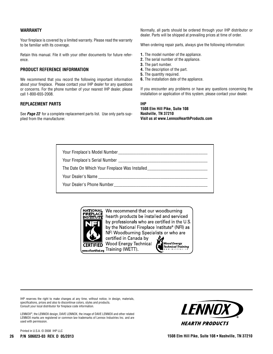 Lennox Hearth Ladera-BN User Manual | Page 26 / 26