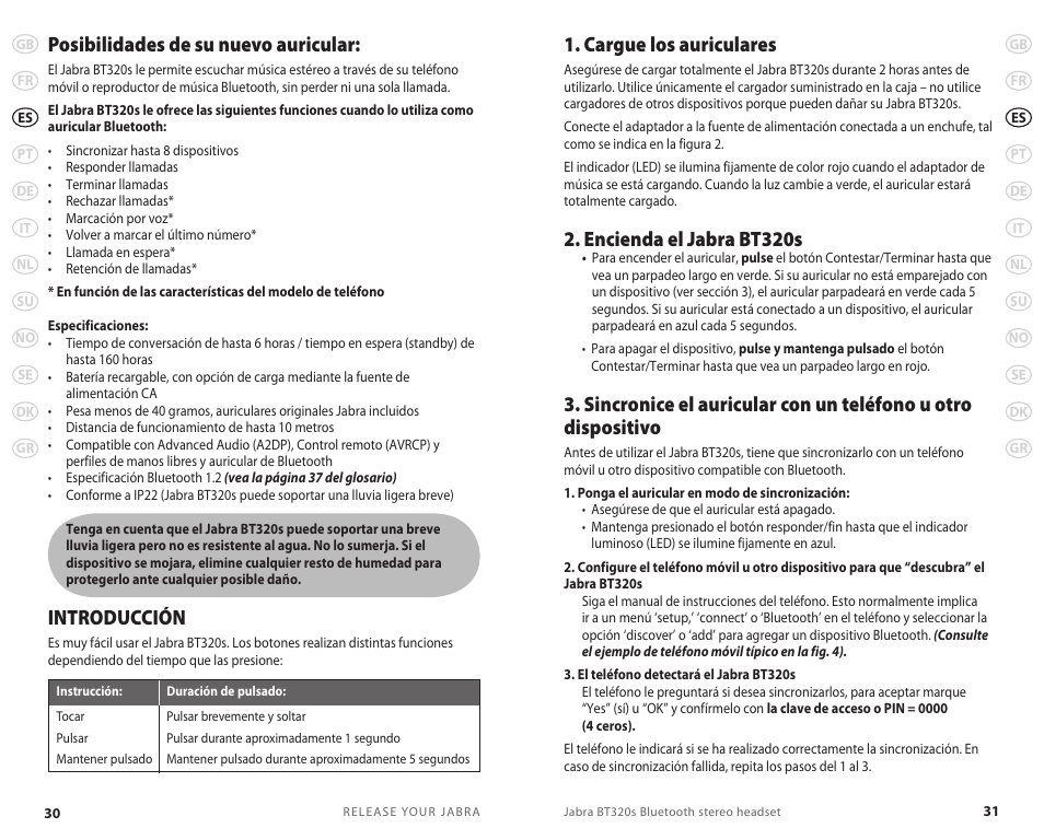 Posibilidades de su nuevo auricular, Introducción, Cargue los auriculares | Encienda el jabra bt320s | Lennox Hearth BT 320S User Manual | Page 18 / 76