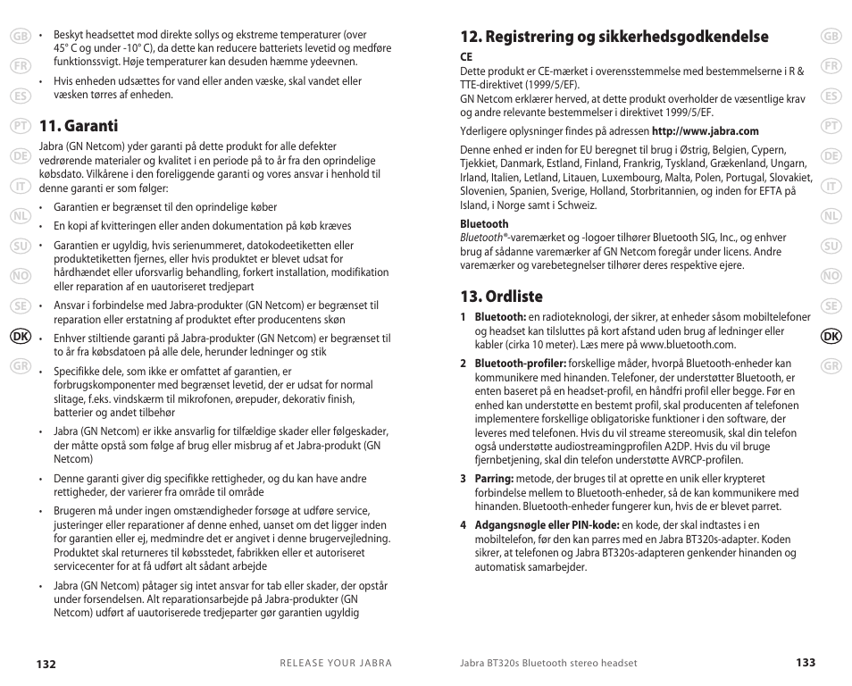 Registrering og sikkerhedsgodkendelse, Ordliste, Garanti | Lennox Hearth BT 320S User Manual | Page 69 / 76