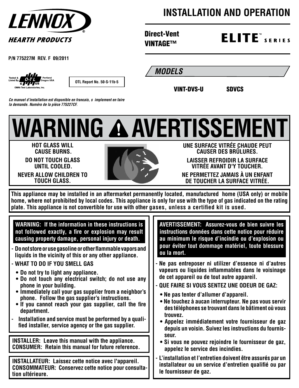 Lennox Hearth ELITE VINT-DVS-U User Manual | 32 pages