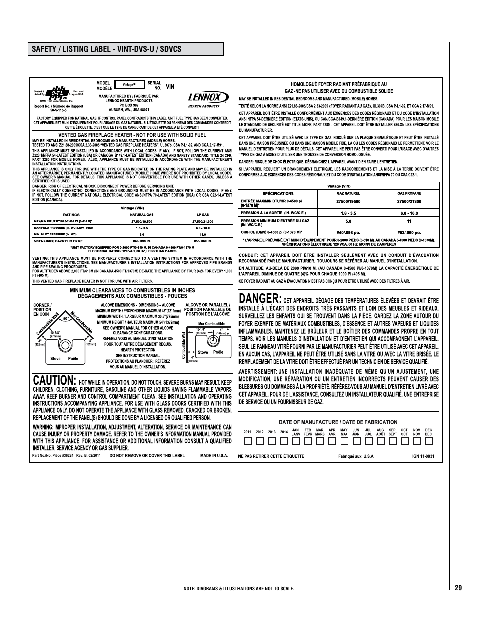 Safety / listing label - vint-dvs-u / sdvcs | Lennox Hearth ELITE VINT-DVS-U User Manual | Page 29 / 32