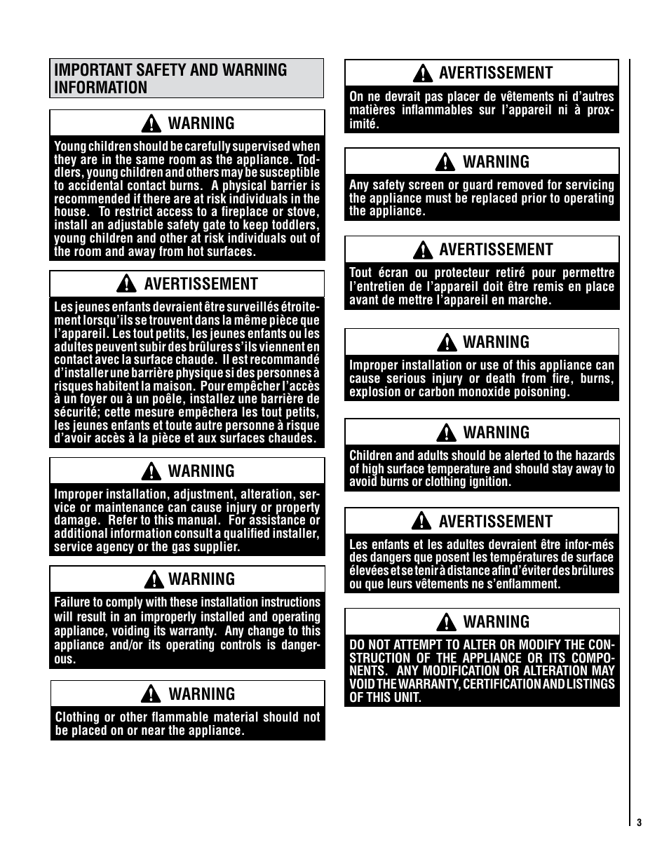 Important safety and warning information warning, Avertissement, Warning | Lennox Hearth ELITE VINT-DVS-U User Manual | Page 3 / 32
