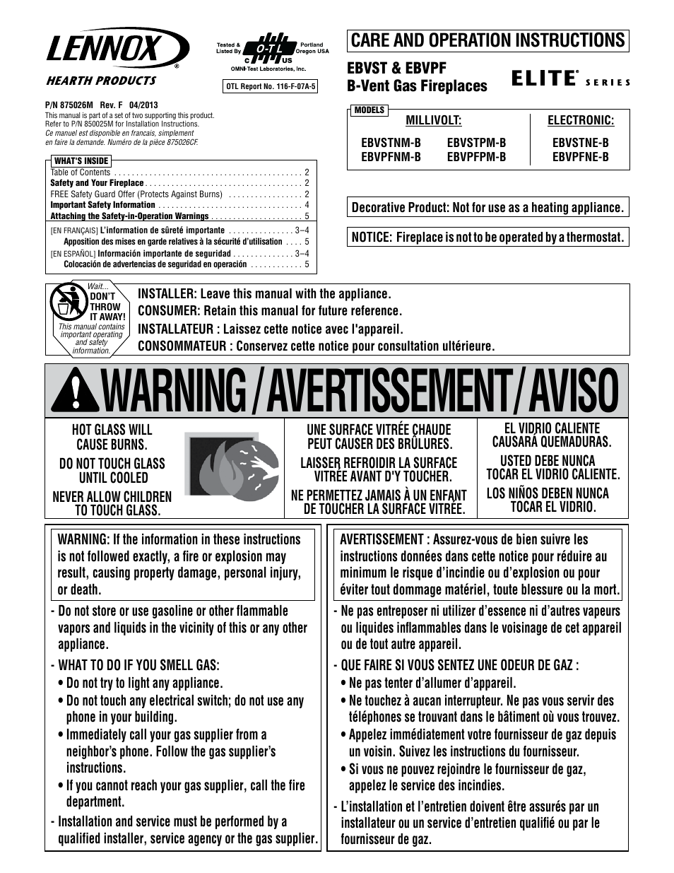 Lennox Hearth EBVSTNM-B User Manual | 32 pages