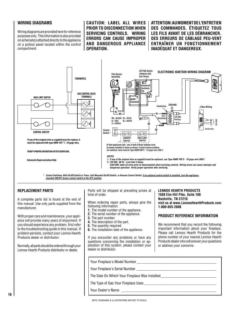 Caution, Warning, Wiring diagrams | Not for use with solid fuel, Product reference information, Replacement parts | Lennox Hearth EBVSTNM-B User Manual | Page 18 / 32