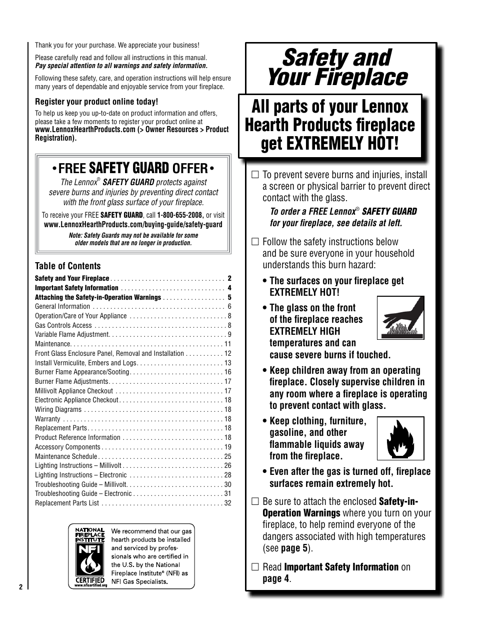 Safety and your fireplace, Safety, Guard | Free, Offer | Lennox Hearth EBVSTNM-B User Manual | Page 2 / 32