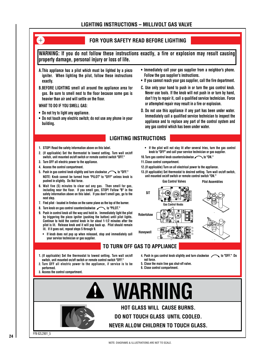 Warning, For your safety read before lighting, Lighting instructions to turn off gas to appliance | Lighting instructions – millivolt gas valve | Lennox Hearth EBVSTNM-B User Manual | Page 24 / 32