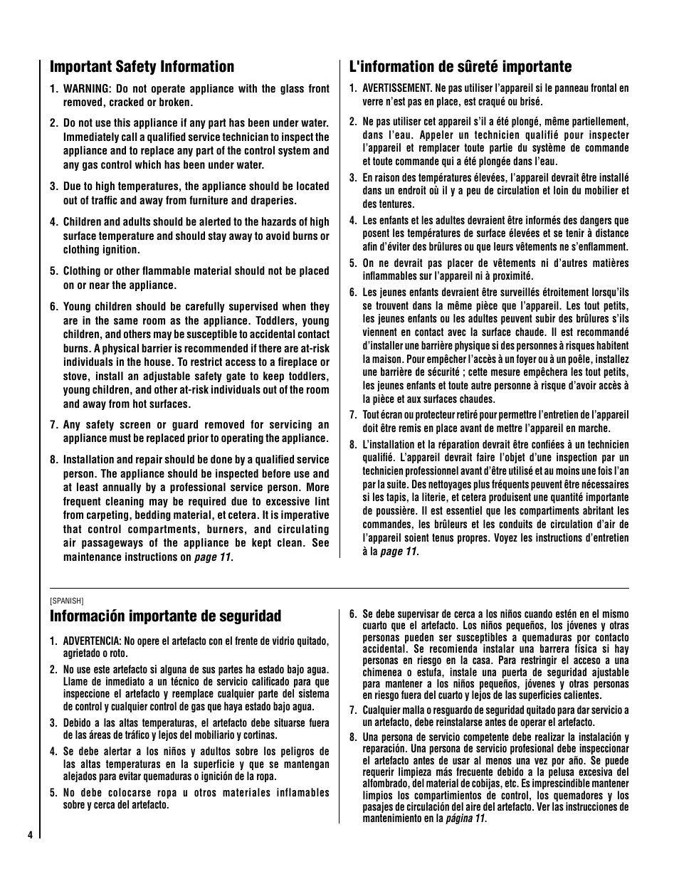 Important safety information, L'information de sûreté importante, Información importante de seguridad | Lennox Hearth EBVSTNM-B User Manual | Page 4 / 32