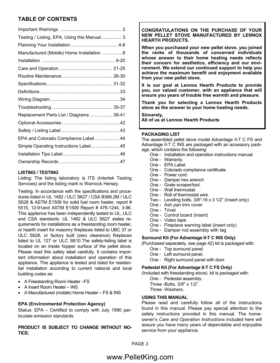 Lennox Hearth II-T C FS User Manual | Page 3 / 48