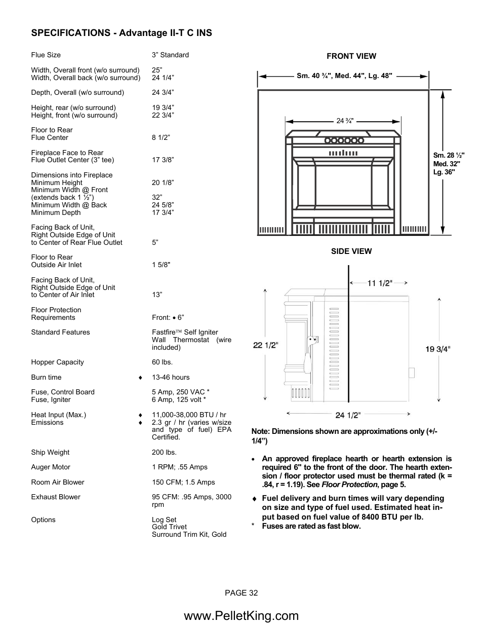 Specifications - advantage ii-t c ins | Lennox Hearth II-T C FS User Manual | Page 32 / 48