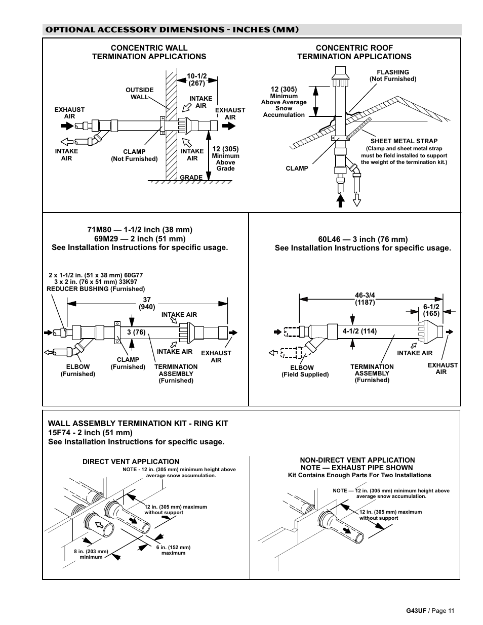 Optional accessory dimensions − inches (mm) | Lennox Hearth G43UF User Manual | Page 11 / 16