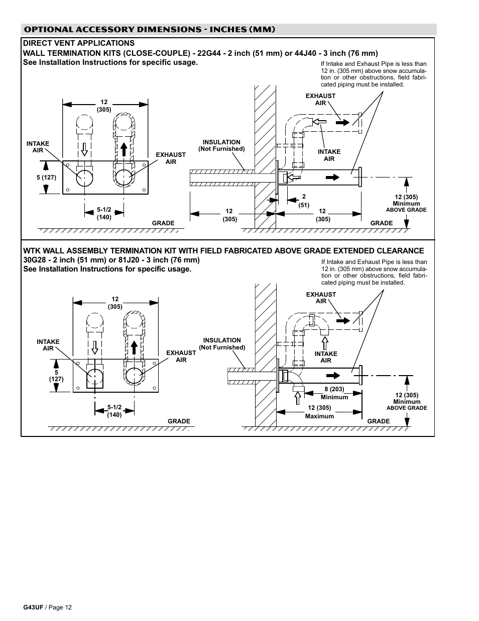 Optional accessory dimensions − inches (mm) | Lennox Hearth G43UF User Manual | Page 12 / 16