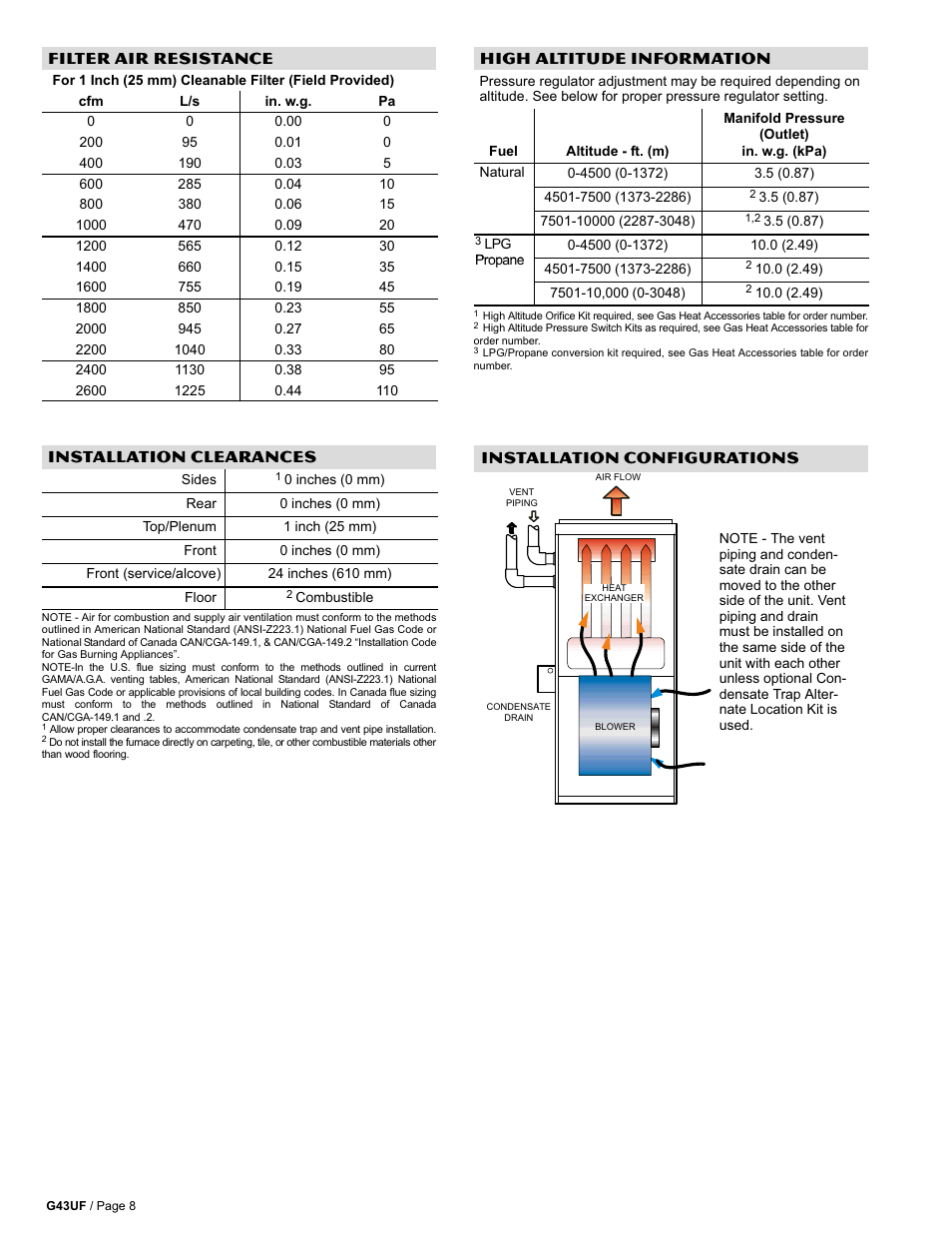 Filter air resistance, High altitude information, Installation clearances | Installation configurations | Lennox Hearth G43UF User Manual | Page 8 / 16