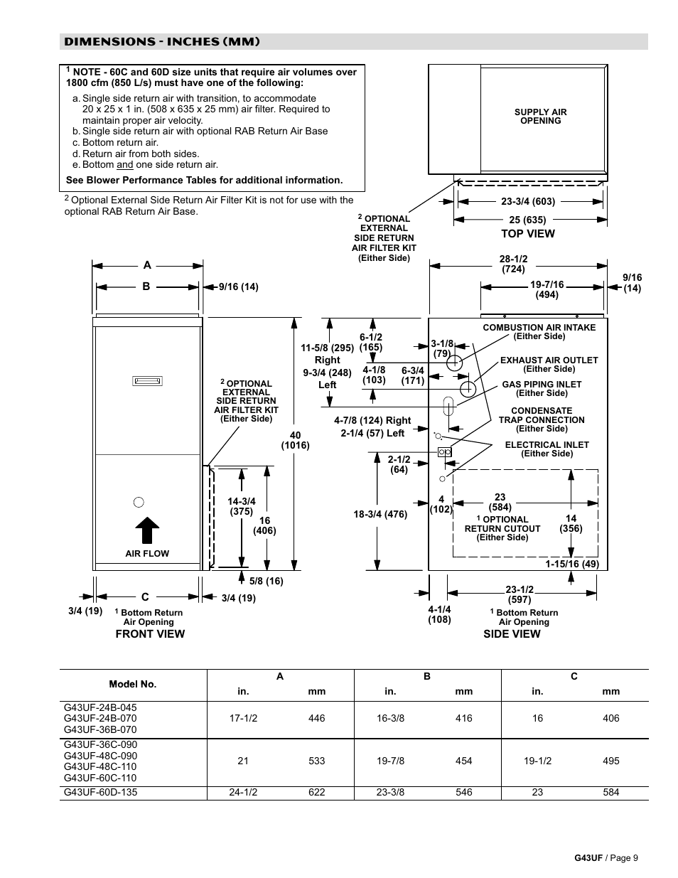 Dimensions, Dimensions − inches (mm) | Lennox Hearth G43UF User Manual | Page 9 / 16