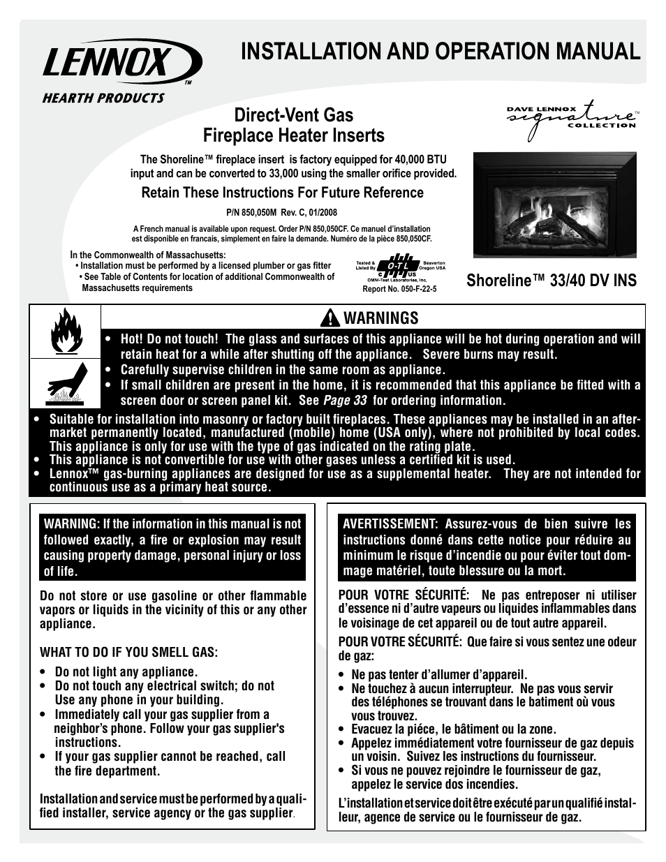Lennox Hearth Shoreline 33/40 DV INS User Manual | 38 pages
