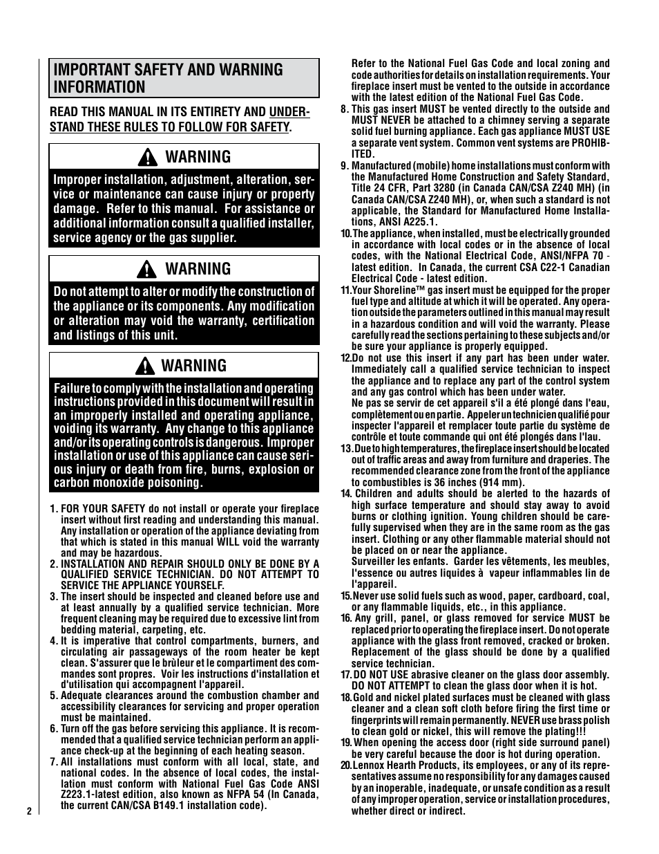 Important safety and warning information, Warning | Lennox Hearth Shoreline 33/40 DV INS User Manual | Page 2 / 38