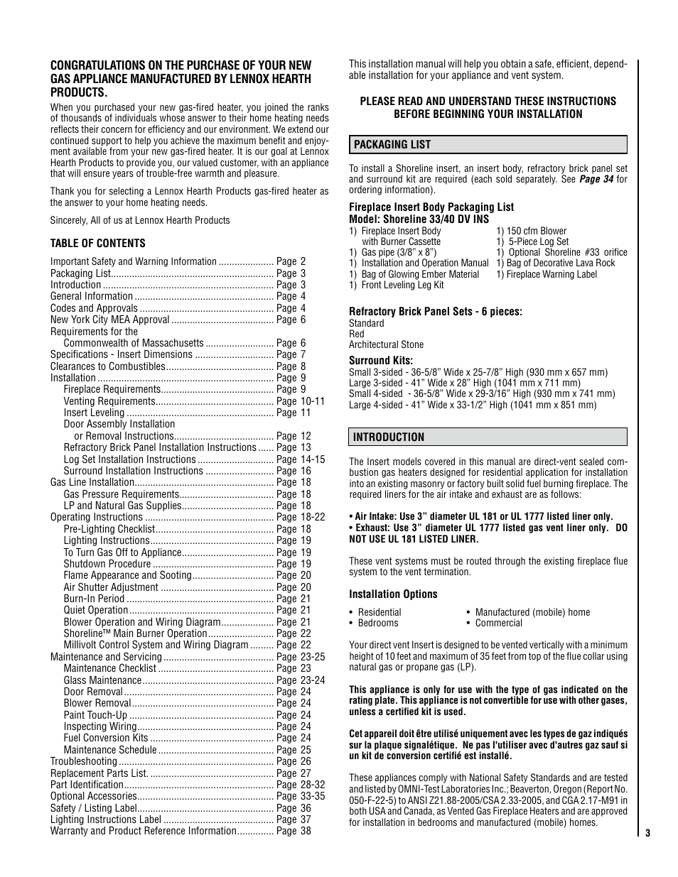 Lennox Hearth Shoreline 33/40 DV INS User Manual | Page 3 / 38