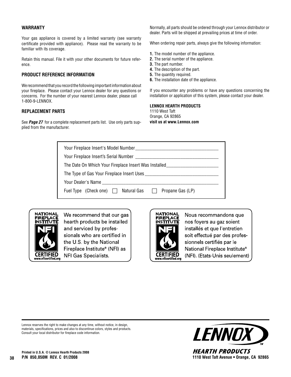 Lennox Hearth Shoreline 33/40 DV INS User Manual | Page 38 / 38