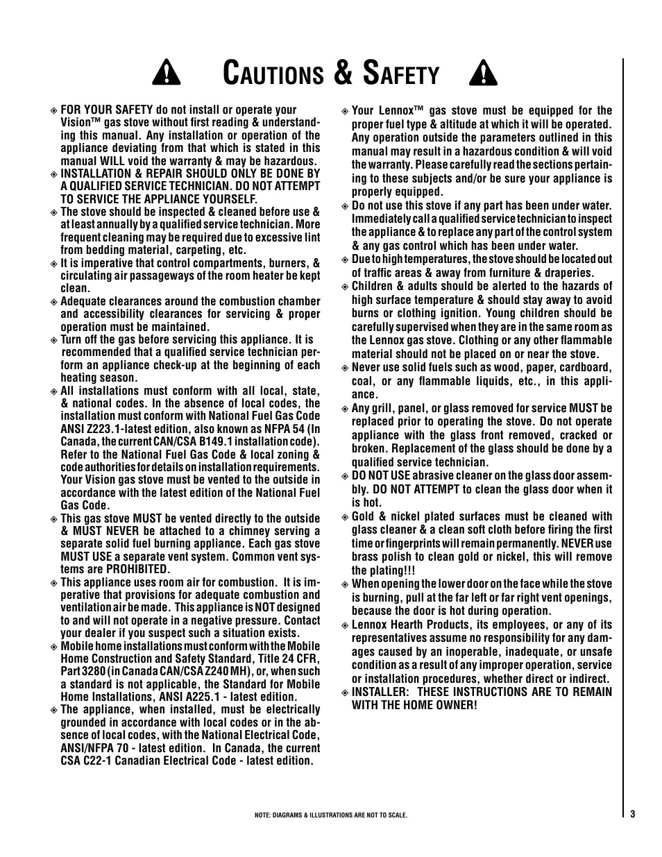 Autions, Afety | Lennox Hearth Gas Stove User Manual | Page 3 / 30