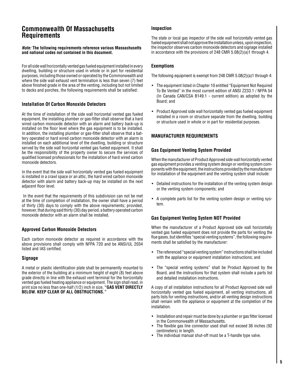 Commonwealth of massachusetts requirements | Lennox Hearth Gas Stove User Manual | Page 5 / 30