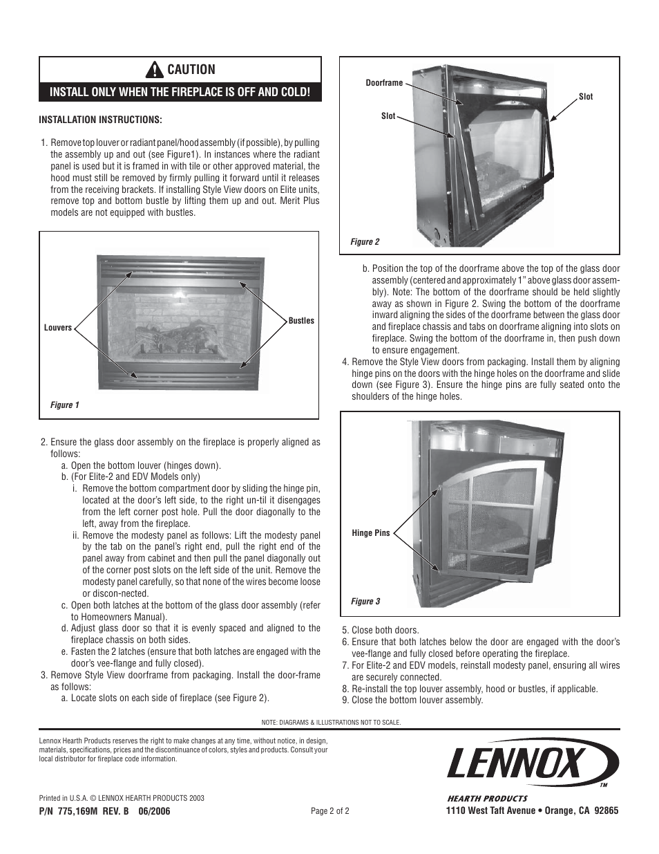 Caution, Install only when the fireplace is off and cold | Lennox Hearth Style View™ Doors view door User Manual | Page 2 / 2