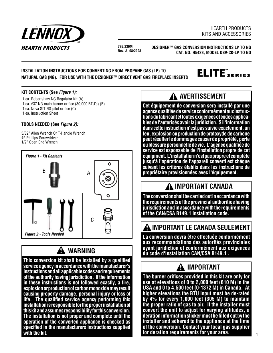 Lennox Hearth Elite Series DBv-CK-LP TO NG User Manual | 4 pages