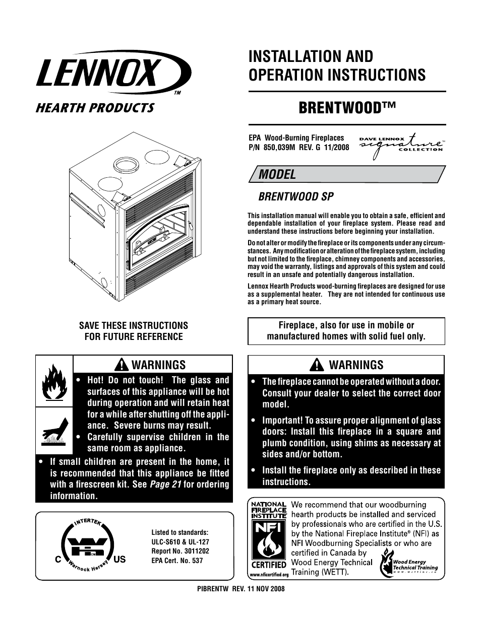 Lennox Hearth Brentwood SP User Manual | 24 pages