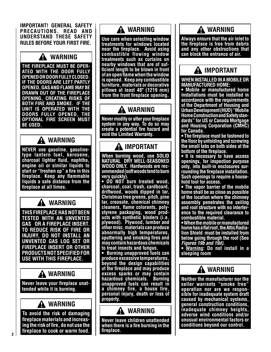 Warning, Important | Lennox Hearth Brentwood SP User Manual | Page 2 / 24