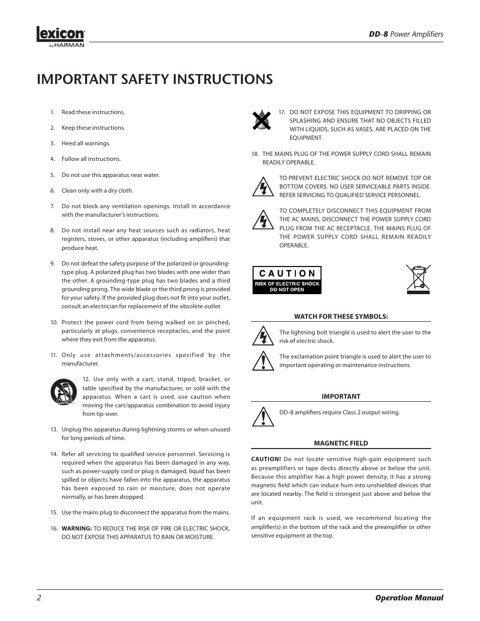 Important safety instructions | Lexicon Power Amplifiers DD-8 User Manual | Page 2 / 16