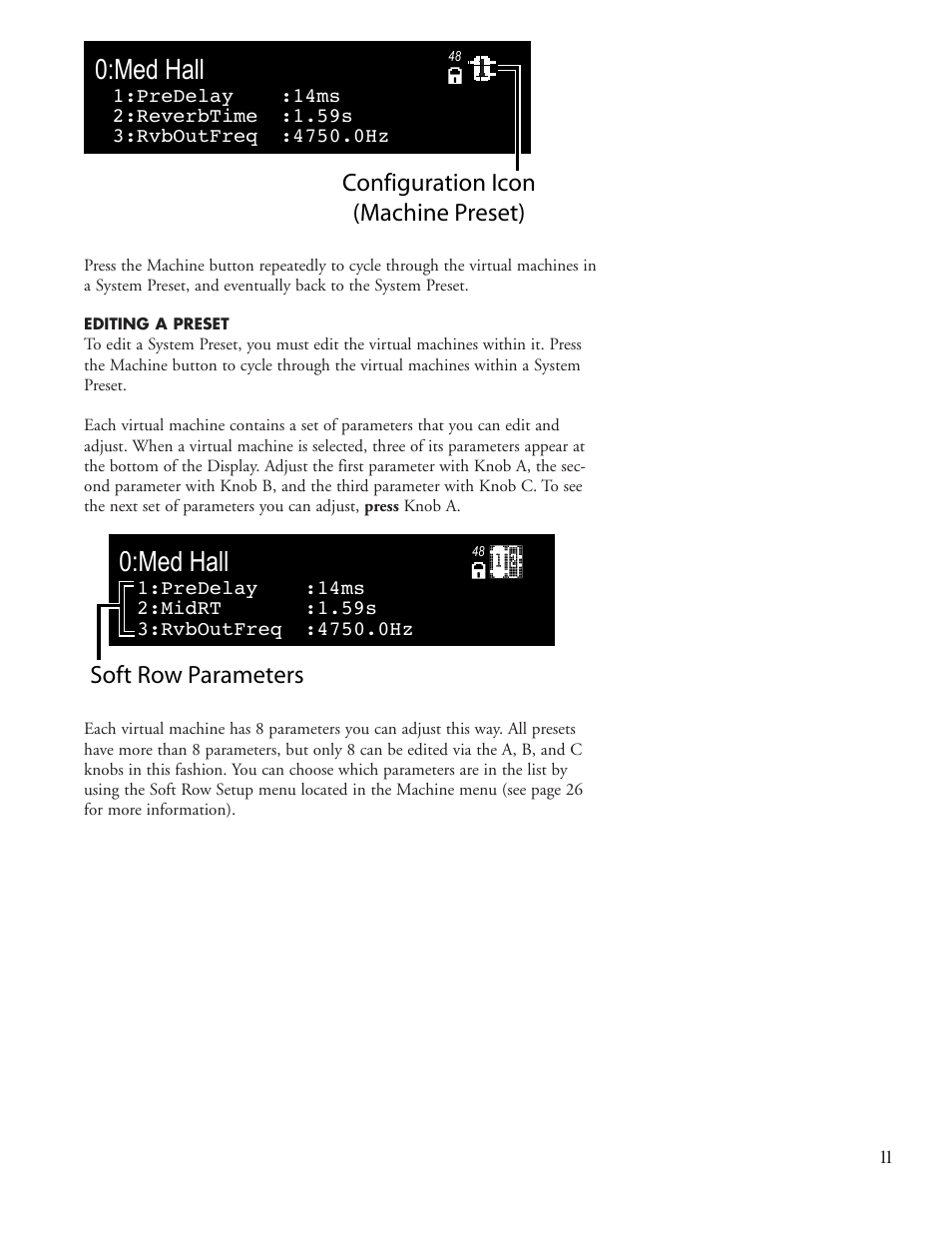 Med hall, Configuration icon (machine preset), Soft row parameters | Lexicon Reverb/Effects Processor PCM96 User Manual | Page 17 / 68