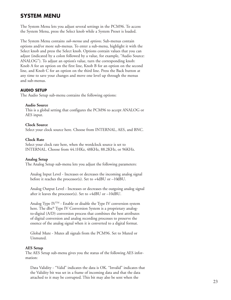System menu | Lexicon Reverb/Effects Processor PCM96 User Manual | Page 29 / 68