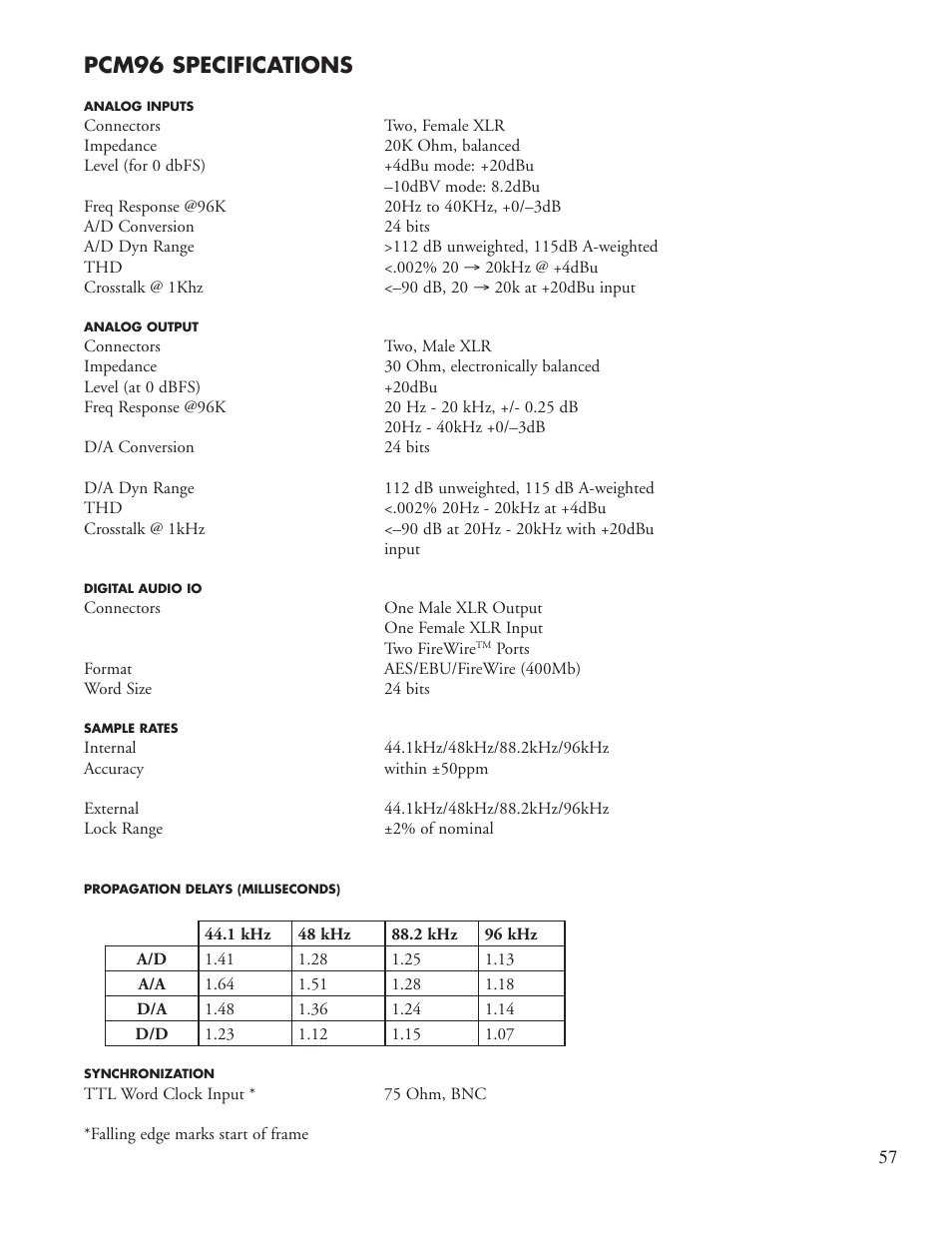 Pcm96 specifications | Lexicon Reverb/Effects Processor PCM96 User Manual | Page 63 / 68