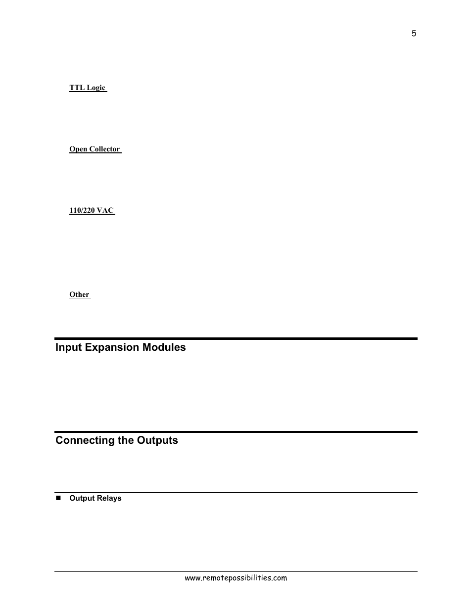 Ttl logic, Open collector, 110/220 vac | Other, Input expansion modules, Connecting the outputs, Output relays | Lexicon 570 User Manual | Page 10 / 70