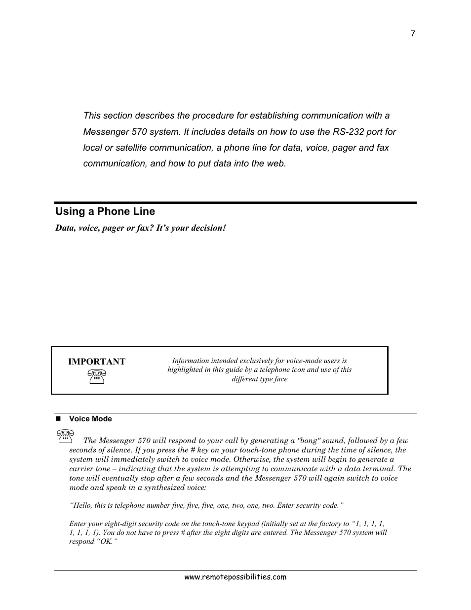 Communications, Using a phone line, Voice mode | Lexicon 570 User Manual | Page 12 / 70