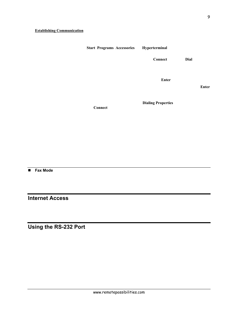 Establishing communication, Fax mode, Internet access | Using the rs-232 port | Lexicon 570 User Manual | Page 14 / 70