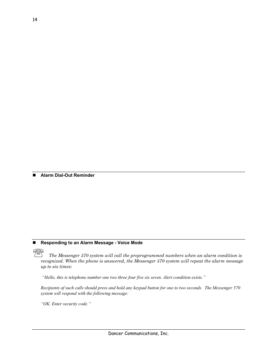 Alarm handling, Alarm dial-out reminder, Responding to an alarm message - voice mode | Lexicon 570 User Manual | Page 19 / 70
