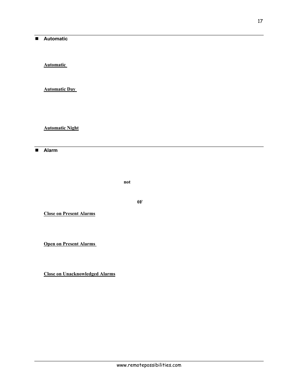 Automatic, Automatic day, Automatic night | Alarm, Close on present alarms, Open on present alarms, Close on unacknowledged alarms | Lexicon 570 User Manual | Page 22 / 70