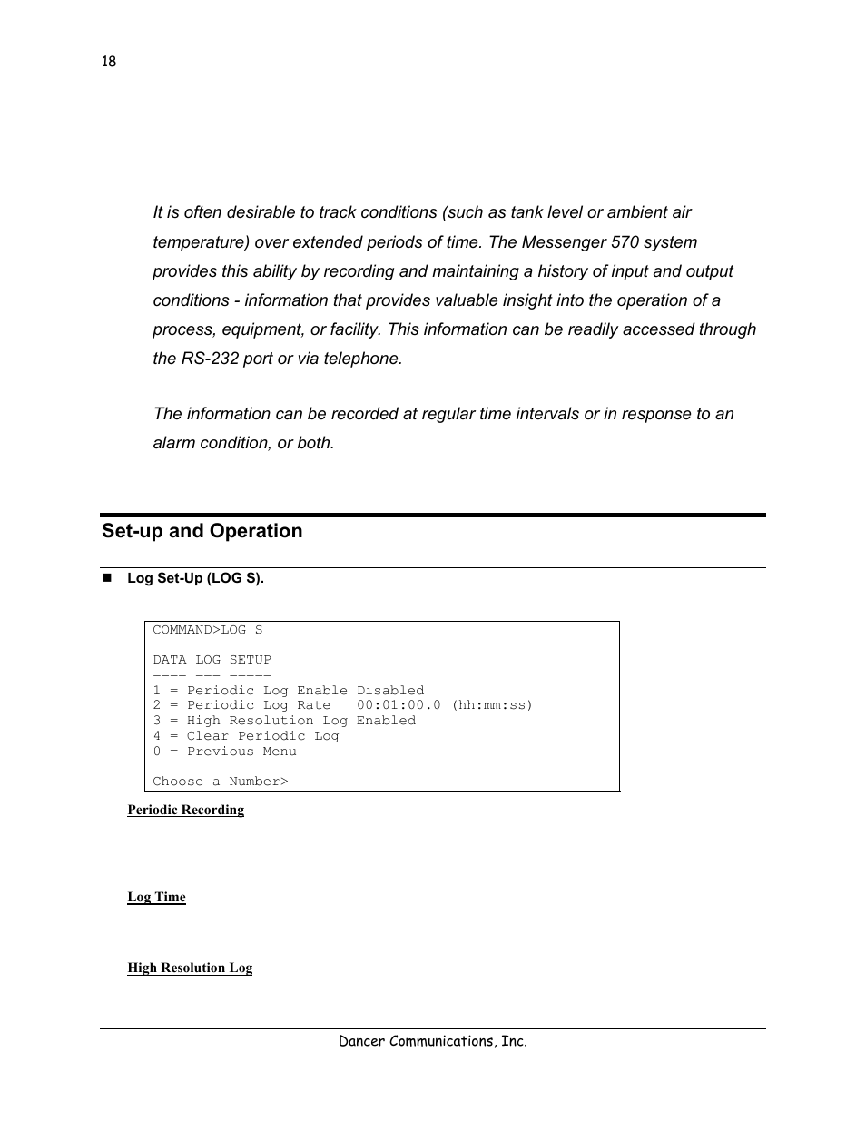 Data logging/trending, Set-up and operation, Log set-up (log s) | Periodic recording, Log time, High resolution log | Lexicon 570 User Manual | Page 23 / 70