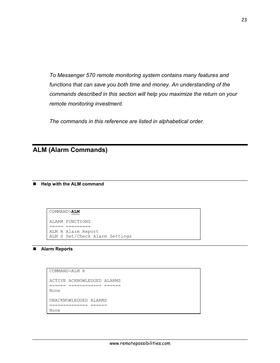 Command reference, Alm (alarm commands), Help with the alm command | Alarm reports | Lexicon 570 User Manual | Page 28 / 70