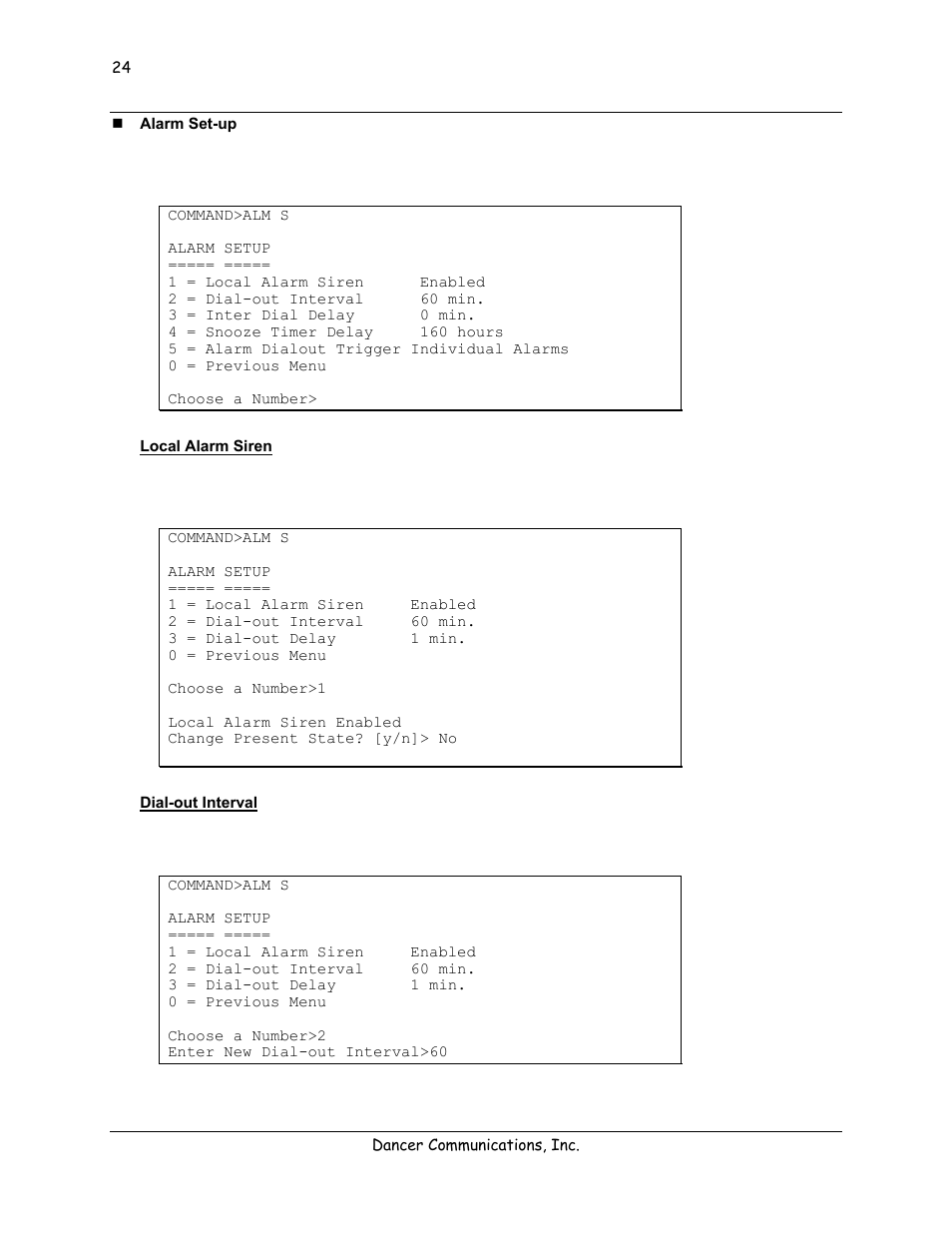 Alarm set-up, Local alarm siren, Dial-out interval | Lexicon 570 User Manual | Page 29 / 70