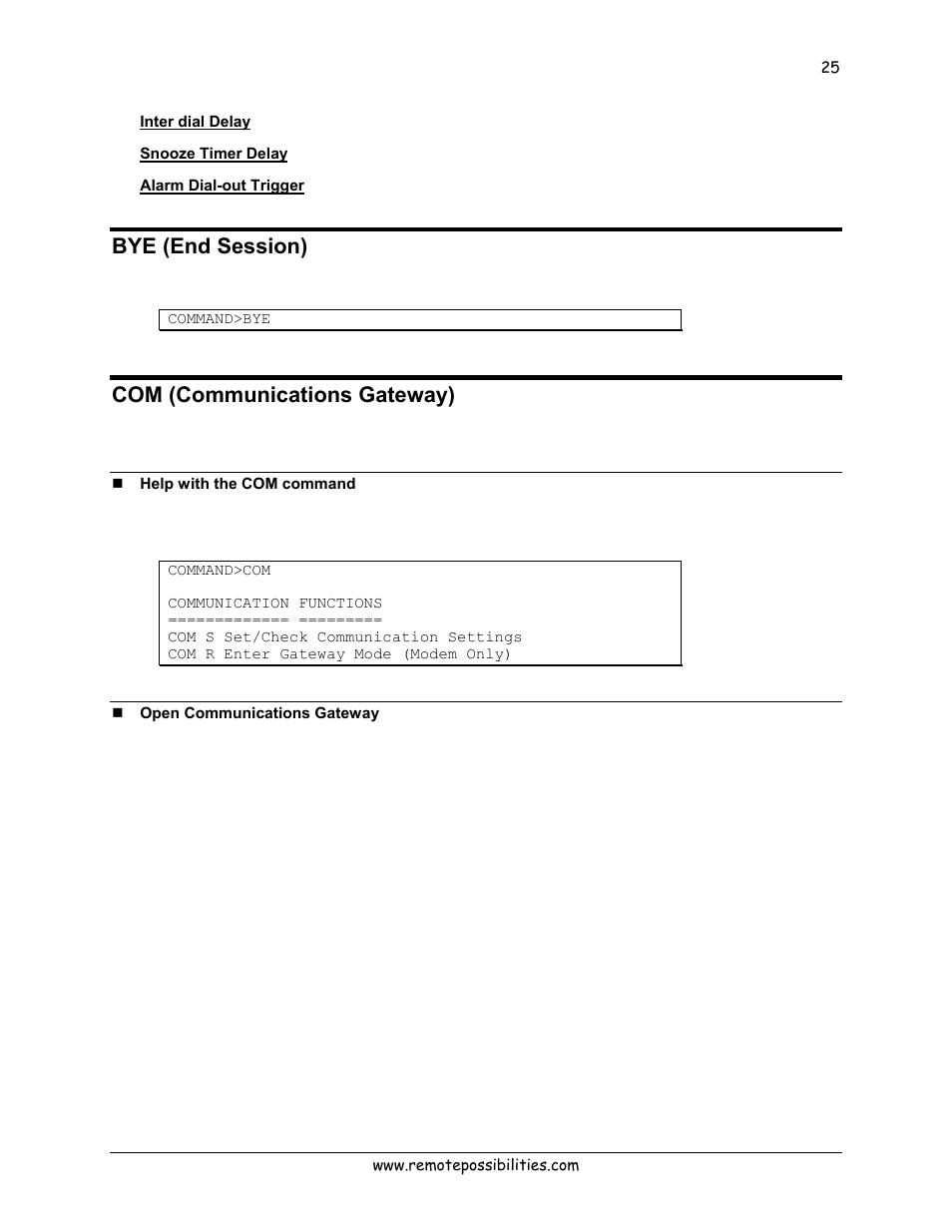 Inter dial delay, Snooze timer delay, Alarm dial-out trigger | Bye (end session), Com (communications gateway), Help with the com command, Open communications gateway | Lexicon 570 User Manual | Page 30 / 70