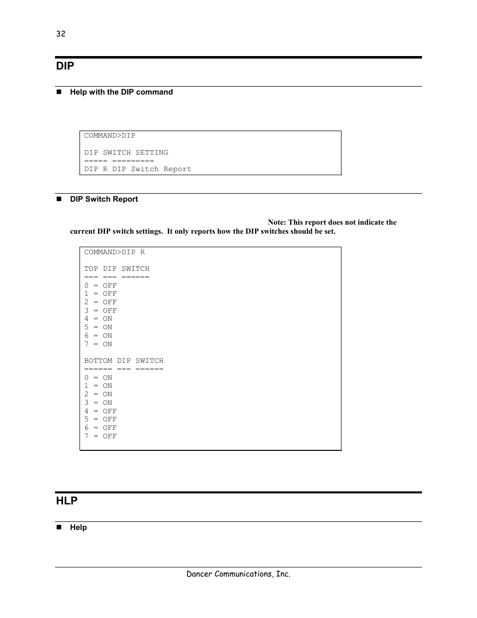 Help with the dip command, Dip switch report, Help | Lexicon 570 User Manual | Page 37 / 70