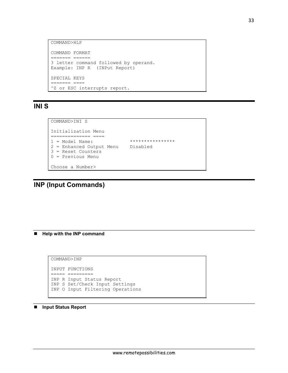 Ini s, Inp (input commands), Help with the inp command | Input status report | Lexicon 570 User Manual | Page 38 / 70